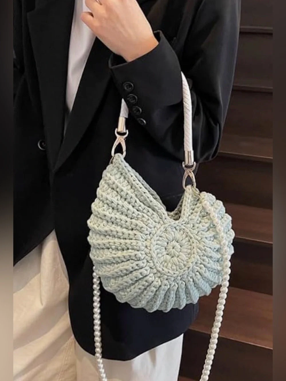 Crochet Seashell Purse Round Crochet Shoulder Bag in Light Blue with Pearl Stra